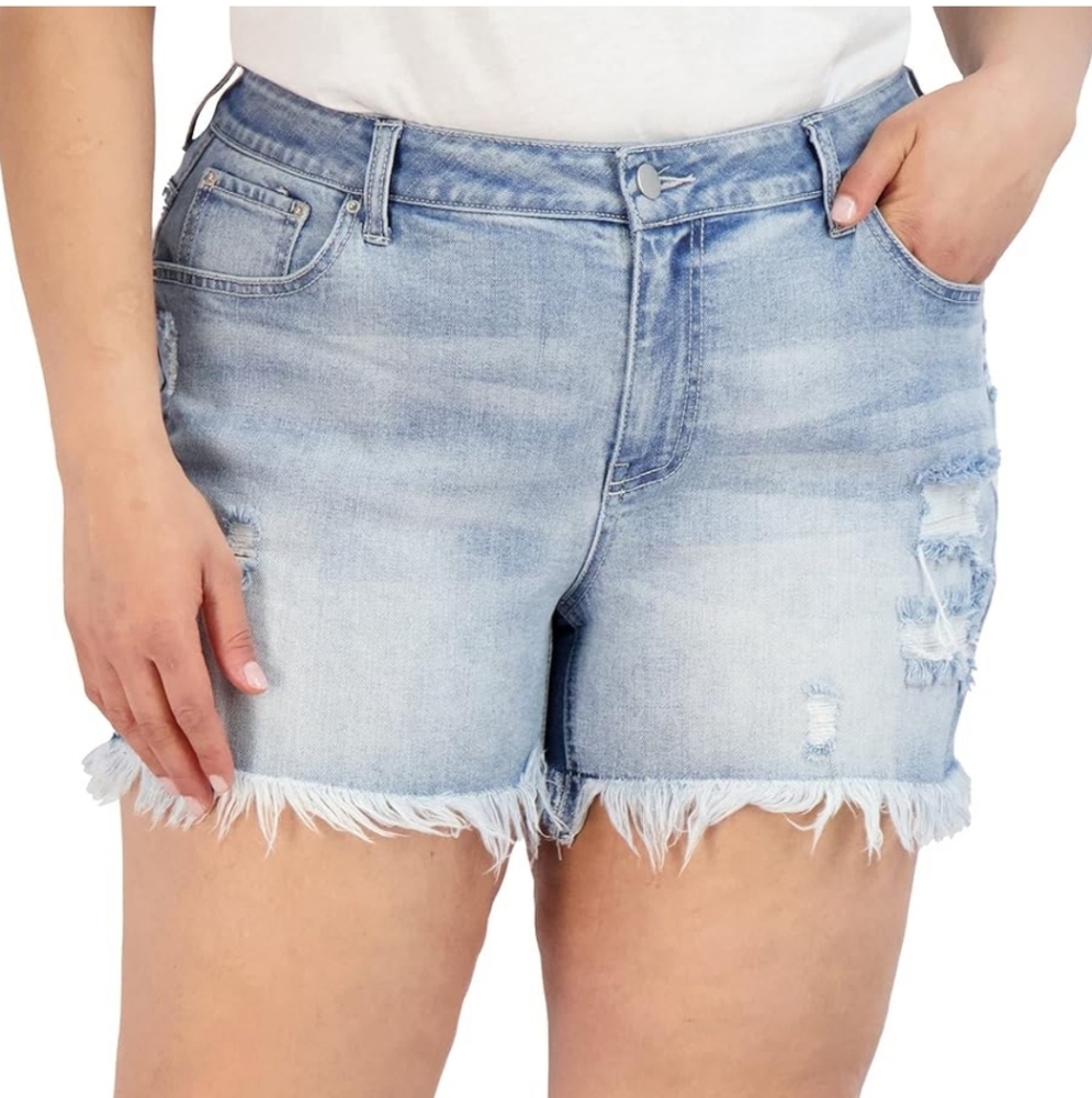 ALIVIA FORD PLUS SIZE Fringe Frayed Hem High Waist Denim Shorts